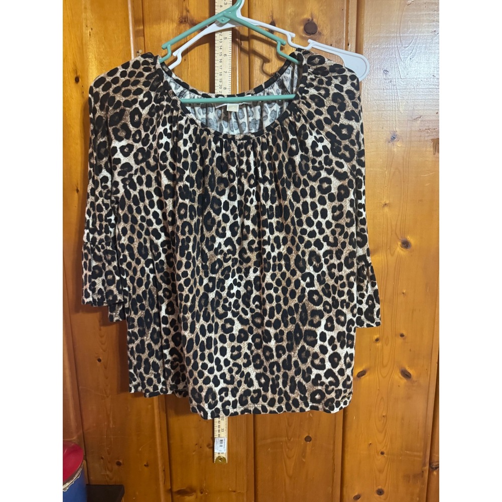 Michael Michael Kors Leopard Print Blouse Brown Black Scoop Neck 3/4 Sleeve M